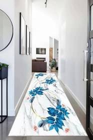 Resim Pelangi Mermer Desenli Yaprak Desenli Dijital Baskı Yıkanabilir Kaymaz Taban Salon Halı ve Yolluk, Mavi-Beyaz 100 x 350, 95546501003507 
