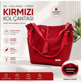 Resim İpek Kadın Kol Çantası Büyük Boy Şık Ve Günlük Omuz Çantası Kırmızı 