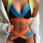 Resim Yeni Avrupa ve Amerika Renkli Bandaj Bikini Yüksek Elastikiyetli Kontrast Mayo Üçgen Alt Mayo 
