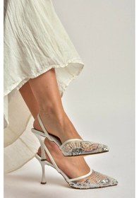 Resim Fox Shoes Y726493615 Beyaz File Pullu İşlemeli İnce Topuklu Ayakkabı Beyaz 