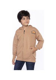 Resim Toontoy Kids Toontoy Erkek Çocuk Kapüşonlu Fermuarlı Cepli Düşük Omuz Nakış Baskılı Örme Hırka - 3 İplik Şardonsuz Kahve 