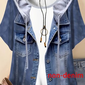 Resim Büyük Beden - Yaz Rahat Tatil Rahat ve Zarif Stil Suni Kot İki Parça Eleman Baskılı Desen Kadın Yuvarlak Yaka Büyük Beden Kısa Kollu T-Shirt 
