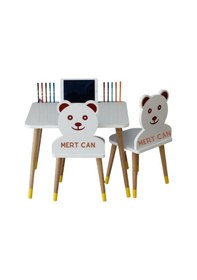 Resim Liva Ahşap Çocuk Aktivite Oyun 1 Masa 2 Sandalye Takımı 2-6 Yaş Ayıcıklı -tablet Yeri Beyaz- Ayaklar Sarı 