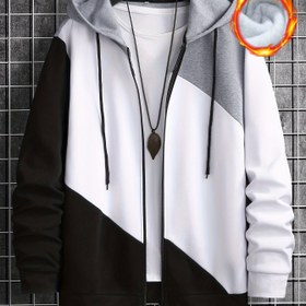 Resim Erkekler için cepli şık fermuarlı kapüşonlu sweatshirt, ilgi çekici renk bloğu detaylarıyla rahat ve trend bir seçenek bahar ve sonbahar için 