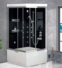 Resim Kare Mini Küvetli Buharlı | Jakuzili | Masajlı Compact Duşakabin | Mod - 90x90 / Siyah/Beyaz / Küvetli 
