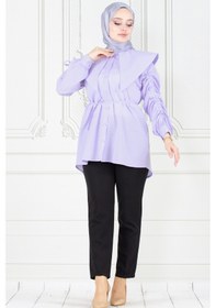 Resim Sevitli Büyük Yaka Kolu Büzgü Detaylı Tunik-lila-3864-lila Lila 