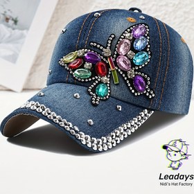 Resim Kadınlar için bir kelebek dokusu ve taş desenli, klasik denim rengi, bahar ve yaz dış mekan etkinlikleri, seyahat, partiler ve aile ve arkadaşlar için mükemmel bir basebol şapkası 