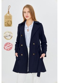 Resim Pastelastore Esnek Pamuk Gabardin Kısa 80cm Omuz Apoletli Kemerli Kadın Trençkot 1120 Lacivert 