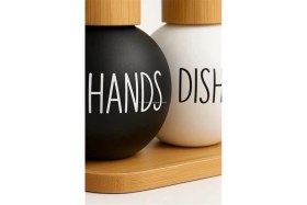 Resim AyrStore Bulaşık Deterjanlık ve Sabunluk Seti Bambu Tepsili Şık Ikili Set Siyah Beyaz Modern Tasarım 