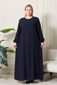 Resim Umre Ferace: Kadin Buyuk Beden Tesettur Ferace Fermuarlı Yandan Baglamalı Kusaklı Ferace Elbise Oversize - Lacivert / 3XL 
