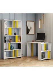 Resim Variant Mobilya Lima Çalışma Masası Ve Kitaplık Takımı - Beyaz / Sarı 