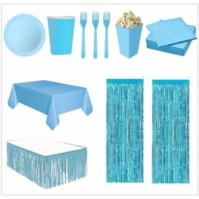 Resim Mavi Masa Örtüsü, Mavi Masa Eteği, 2 Mavi Arka Fon, 8 Mavi Tabak, 8 Mavi Bardak, 8 Mavi Mısır Kutusu, 10 Çatal, 10 Peçete 