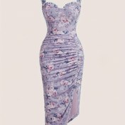 Resim Çiçek Desenli Yırtmaçlı Elbise, Bahar & Yaz için Şık Kare Yaka Bodycon Elbise, Kadın Giyim 