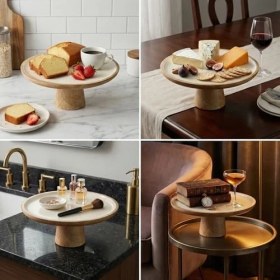 Resim Mango Ağacı Ayaklı Kek Standı ve Sunum Tabağı - Krem Iç Yüzeyli Doğal Ahşap Pasta Servisliği - 30 cm Çapında Dekoratif Yükseltici ve Peynir Tabağı 