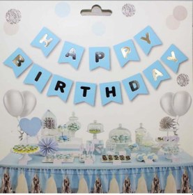 Resim Mavi Zemin Happy Birthday Gümüş Banner 