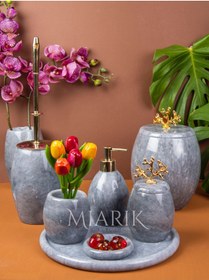 Resim MIARIK DESIGN & DEKORASYON Dekoratif Gri Mermer Banyo Seti Takımı 7 Li Gold Mercan Detaylı Tasarım Set 