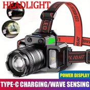 Resim Kırmızı/Mavi Uyarılı Hareket Algılama Özellikli P50 LED Kafa Lambası, 18650 Pil ve Çift USB Portları - Uzun Süreli Eller Serbest Işık Dış Mekan İşleri, Balıkçılık/Araştırmalar İçin 