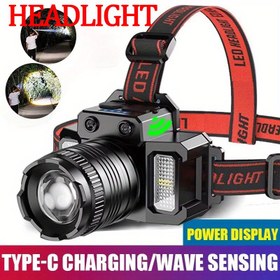 Resim Kırmızı/Mavi Uyarılı Hareket Algılama Özellikli P50 LED Kafa Lambası, 18650 Pil ve Çift USB Portları - Uzun Süreli Eller Serbest Işık Dış Mekan İşleri, Balıkçılık/Araştırmalar İçin 