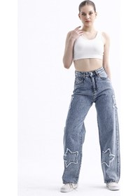 Resim 2424 Kadın Yıldız Detaylı Baggy Jeans Kot Denim Pantolon Kar Yıkama 