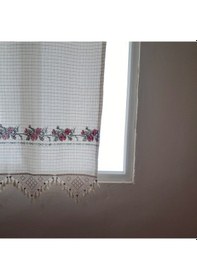 Resim Kırmızı Kanaviçeli Doğal Pamuklu Güneşlik Perde Buldan - Bodrum Bej - Krem 