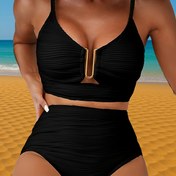 Resim Kadın Bikini Seti U-Wire Çelik Halka Boş Yüzme Siyah Yüksek Bel Katlı Dokulu 2 Parça, Yaz Plaj Tatili için Uygun 