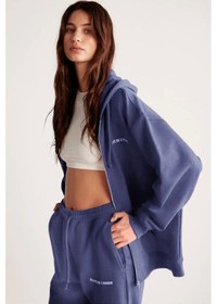 Resim Grimelange Ametıs Kadın Oversize Organik Pamuklu Metal Fermuarlı Kapüşonlu Lacivert Sweatshirt 