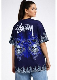 Resim Kadın Oversize Tişört Dragon Kuru Kafa Baskılı Bisiklet Yaka T-shirt - Lacivert 