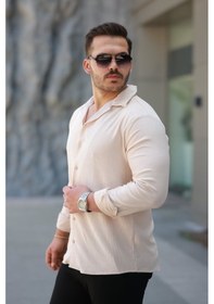 Resim Erkek Kadife Dokulu Uzun Kollu Gömlek Bej 