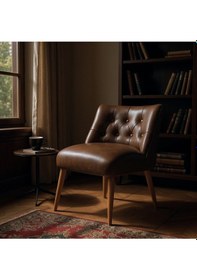 Resim Azra Mobilya Modern Kapitoneli Deri Berjer Sandalye Ahşap Ayaklı, Demonte Gönderim, Renk Seçenekli Acı Kahve 