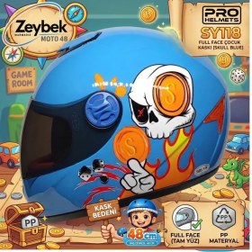 Resim Skull Mavi Çocuk Kaskı Pro Helmets Sy118 Full Face Çocuk Kaskı 48cm Skull Mavi 