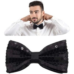 Resim Gece Işıltısı Siyah Payetli Pullu Papyon 7x2 Cm 