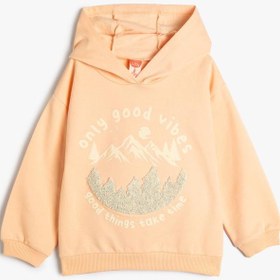 Resim Kız Bebek Kapşonlu Sweatshirt Baskı ve Aplike Detaylı Uzun Kollu 