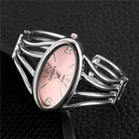 Resim Hanyang Pembe 2020 Yeni Moda Kadın Bilezik Izle Tüm Çelik Analog Kuvars Saat Gümüş Oval Kadran Rahat Saat Reloj Mujer Montre Femme Reloj (Yurt Dışından) 