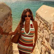 Resim Kadınların Seksi Çizgili Örgü Elbisesi - Dar Kesim, V Yaka, Sırtı Açık Plaj Giyimi, Halter Yaka Detaylı, Bahar ve Yaz İçin Mükemmel, Hawaii Tatil Stili 