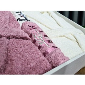 Resim Çeyizlik Aile Bornoz Seti 4 Parça Gül Kurusu Krem Gül Kurusu 