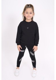 Resim Toontoy Kız Çocuk 2'li Takım Baskılı Bisiklet Yaka Düşük Omuz Cepli Sweatshirt & Basic Düz Tayt Siyah 