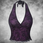 Resim Y2K Gotik Çift Katmanlı Dantel Halter Boyun Üstü Kadınlar İçin - Renk Bloklama Çiçek Desenli, Koyu Mor & Siyah, Her Mevsim Kullanımına Uygun, Yalnızca Elde Yıkama, Yarı Resmi Giyim, Seksi Choker Tasarım, Şık Kumaş Seçimi 