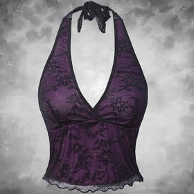 Resim Y2K Gotik Çift Katmanlı Dantel Halter Boyun Üstü Kadınlar İçin - Renk Bloklama Çiçek Desenli, Koyu Mor & Siyah, Her Mevsim Kullanımına Uygun, Yalnızca Elde Yıkama, Yarı Resmi Giyim, Seksi Choker Tasarım, Şık Kumaş Seçimi 