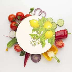 Resim Decovetro Cam Kesme Tahtası ve Sunumluk Yuvarlak Vintage Lemon 30X30 cm 