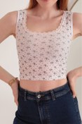 Resim Kaktüs Moda Kaşkorse Kumaş Çiçek Baskılı Havuz Yaka Dantel Desenli Kadın Crop 