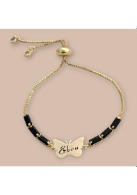 Resim Archin Ebru İsmine Özel 14 Ayar Altın Plakalı Kelebek Figürlü Siyah Taş Desenli Hediye Bileklik-343isim Altın 