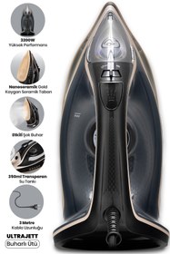 Resim GoldMaster Ultrajett 3200w Seramik Tab. Kireç Ve Damlama Önleme Sis. 3m Kablo Ve 210 Gr Etkili Şok Buharlı Ütü 
