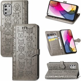 Resim Yihang Boutique Case Için Motorola Moto G Kalemi 2021 Çevir Cüzdan Kabartmalı Kapak Etui Housse Kedi Köpek Deseni - Gri (Yurt Dışından) 