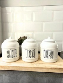 Resim 3lü Seramik Sugar Tea Coffee Kavanoz Seti Kapaklı Tezgah Üstü Saklama Kavanozu 1400 Ml Beyaz 