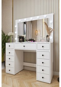 Resim Ases Mobilya Asl54 Hollywood Işıklı Geniş Aynalı Makyaj Masası Bol Çekmeceli Beyaz Beyaz 