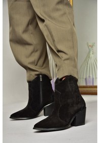 Resim Fox Shoes T380082502 Siyah Süet Kovboy Model Kalın Topuklu Kadın Bot Siyah-Süet Siyah 