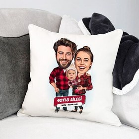 Resim Anne Baba ve Bebek Karikatürlü Yastık 