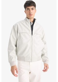 Resim Defacto Oversize Geniş Kalıp Dik Yaka Fermuarlı Suni Deri Mont E8818ax25augr470 Gri 