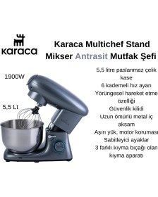 Resim Karaca Multichef Stand Mikser Antrasit Mutfak Şefi 1900W 5,5 Lt (Kıyma Çekme /sucuk-Sosis/içli Köfte Aparatlı) + Fakir Mutfak Tartısı Hediye 