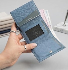 Resim Hakiki Deri Mekanizmalı Otomatik Cüzdan Kartlık - Çıtçıt Kapaklı, 10 Kart Kapasiteli - Mavi 